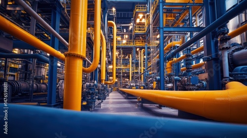 Wallpaper Mural Complex Industrial Pipeline System with Yellow Pipes and Steel Structures in Factory Setting Torontodigital.ca