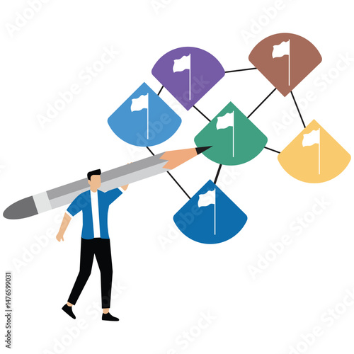Workflow line or working process with achievement flag milestones.businessman project manager holding big pencil to check completed tasks in project management timeline