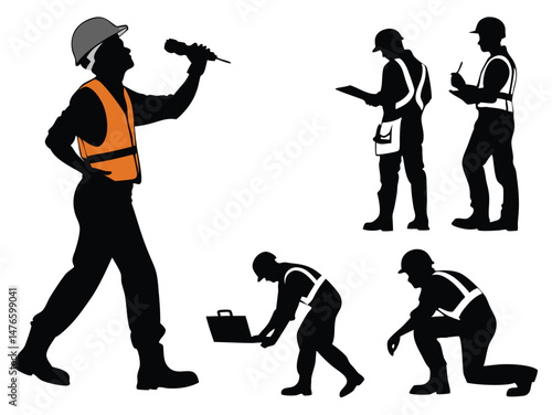 Construction Worker Silhouettes, Safety Vest and Helmet Icons Set