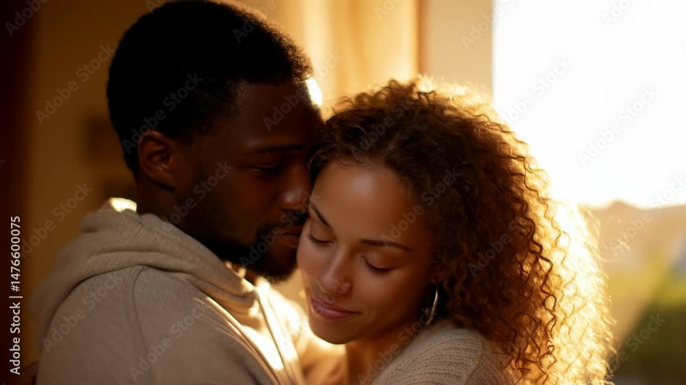 Young African American Couple Sharing a Tender Embrace in the Warm Glow of Sunset Young African American Couple Sharing a Tender Embrace in the Warm Glow of Sunset