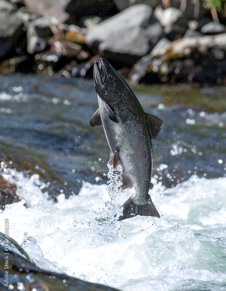 Obraz premium Majestic fish leaps triumphantly from rushing river waters, a powerful display of natures resilience. Symbolizes strength, determination, and overcoming obstacles.