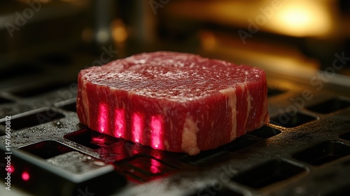 Raw steak cooking on grill with flames and juicy texture