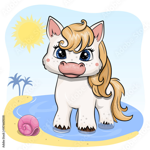 Cute cartoon white baby horse on the beach. Summer vector illustration with animals, seashells, sea, sun and palm trees.
