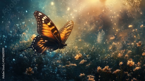 Enchanting Butterfly in a Mystical Floral Meadow Under a Celestial Sky