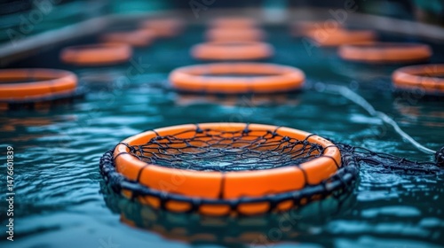Colorful safety buoys floating in clear water surrounded by a calm setting