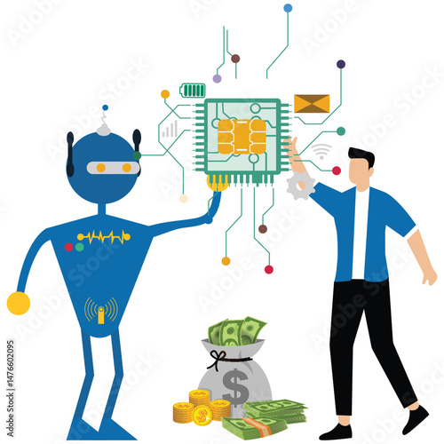 Semiconductor and computer chip supply chain, businesswoman with robbot cooperation computer chip with creative for solution shortage electronics manufacturing problem