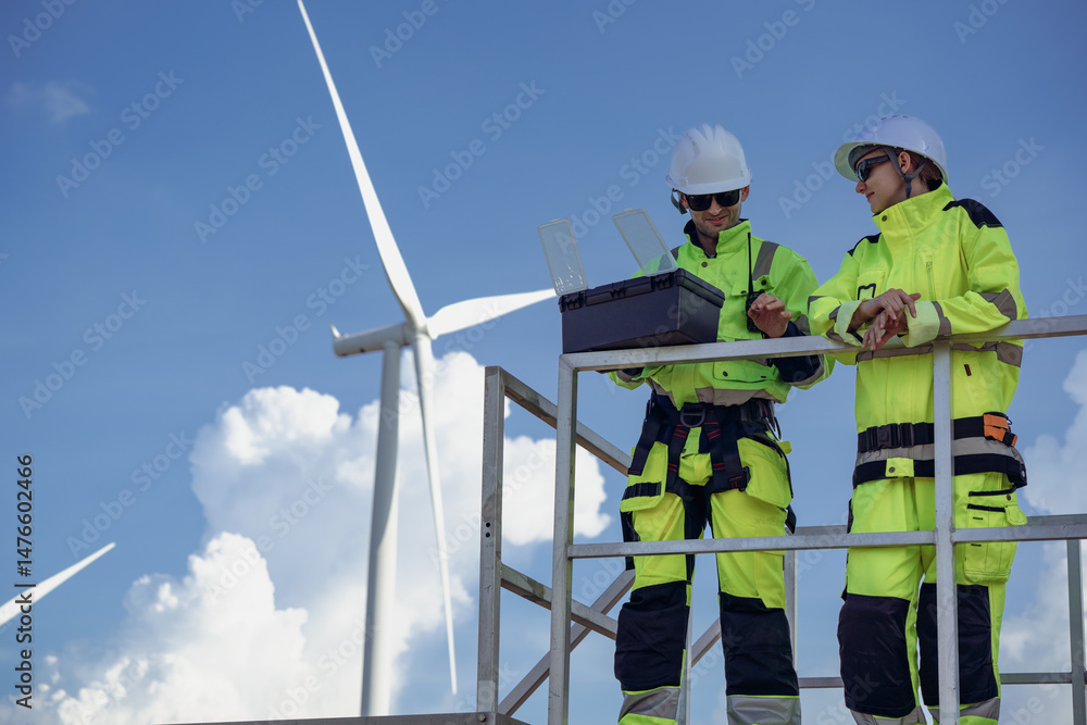 Maintenance engineer team standing at windmills at wind turbine farm. Group of people wear safety helmet and uniform working at alternative renewable energy wind station. Sustainable energy technology Maintenance engineer team standing at windmills at wind turbine farm. Group of people wear safety helmet and uniform working at alternative renewable energy wind station. Sustainable energy technology