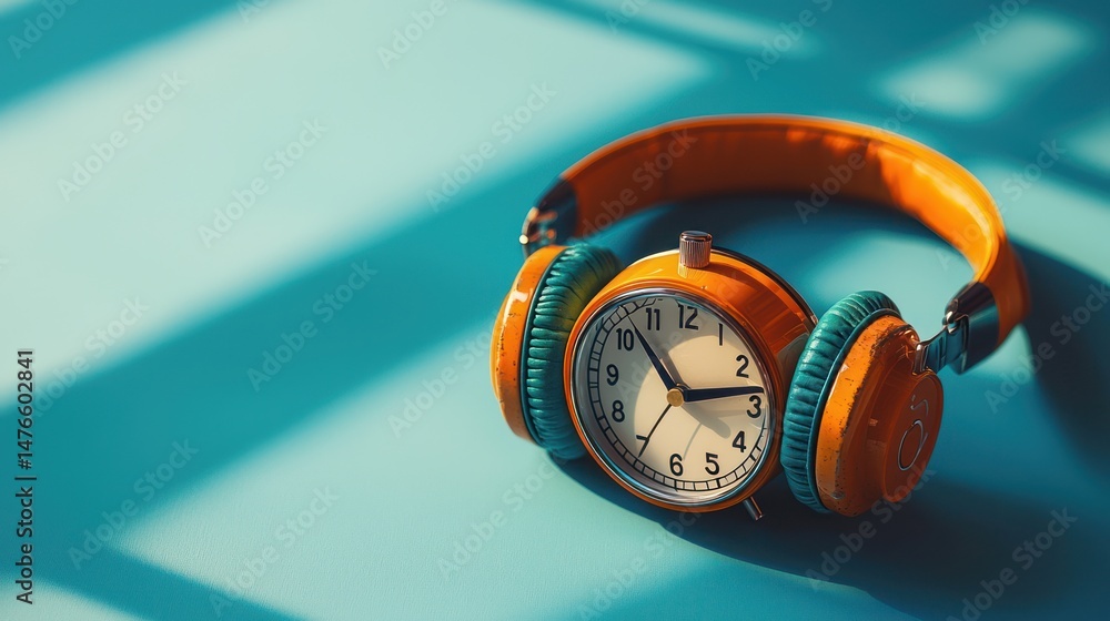 Fototapeta premium Orange headphones shaped like an alarm clock on a blue background.
