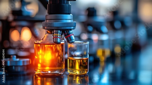 Close up of a microscope overlooking glass vials with colorful liquids in a laboratory environment