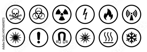 Set of warning icons for toxic, biohazard, radiation, electric shock, fire, radio waves, laser, caution, magnet, cold, and heat. Hazard symbols in circle outline on white background. Biohazard, icons.