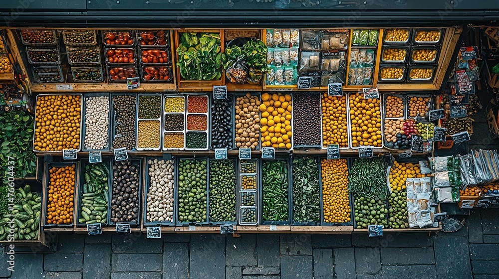 Fototapeta premium Overhead view of a vibrant market stall overflowing with an array of colorful, fresh vegetables, olives, and legumes neatly organized in wooden crates.
