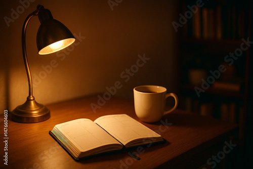 Cozy Night Desk Setup with Lamp Journal and Coffee Mug