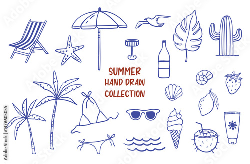 Hand draw summer collection. Palm, ice cream, sea. Crayon drawing style, Italian la dolce vita card