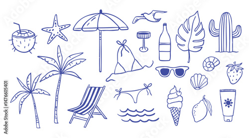 Hand draw summer collection. Palm, coconut, fruits. Crayon drawing style, Italian la dolce vita