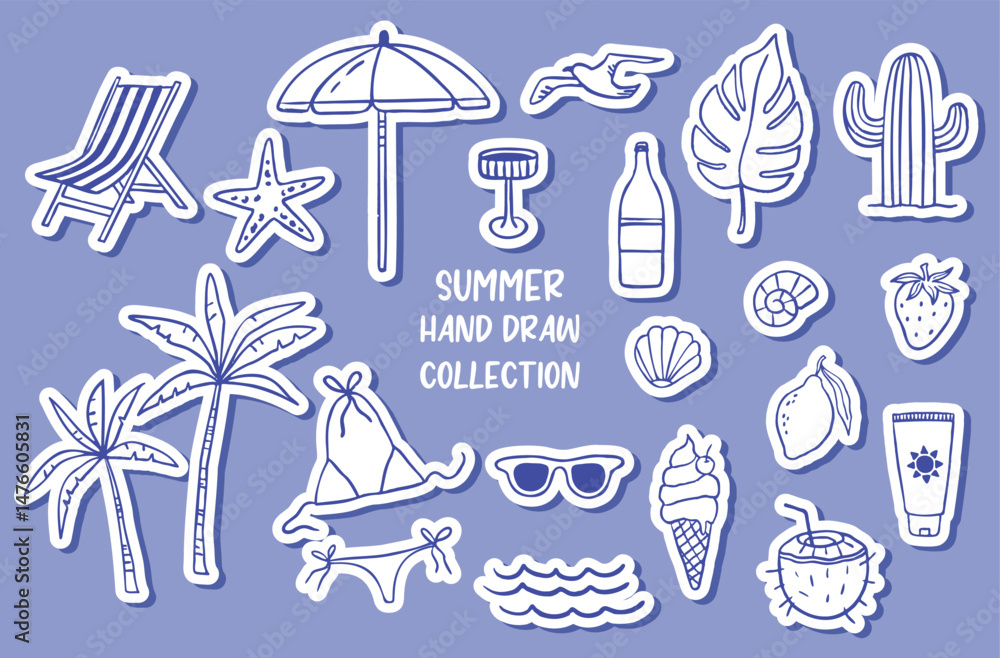 Fototapeta premium Hand draw summer collection. Palm, ice cream, fruits. Crayon drawing style, Italian. Stickers