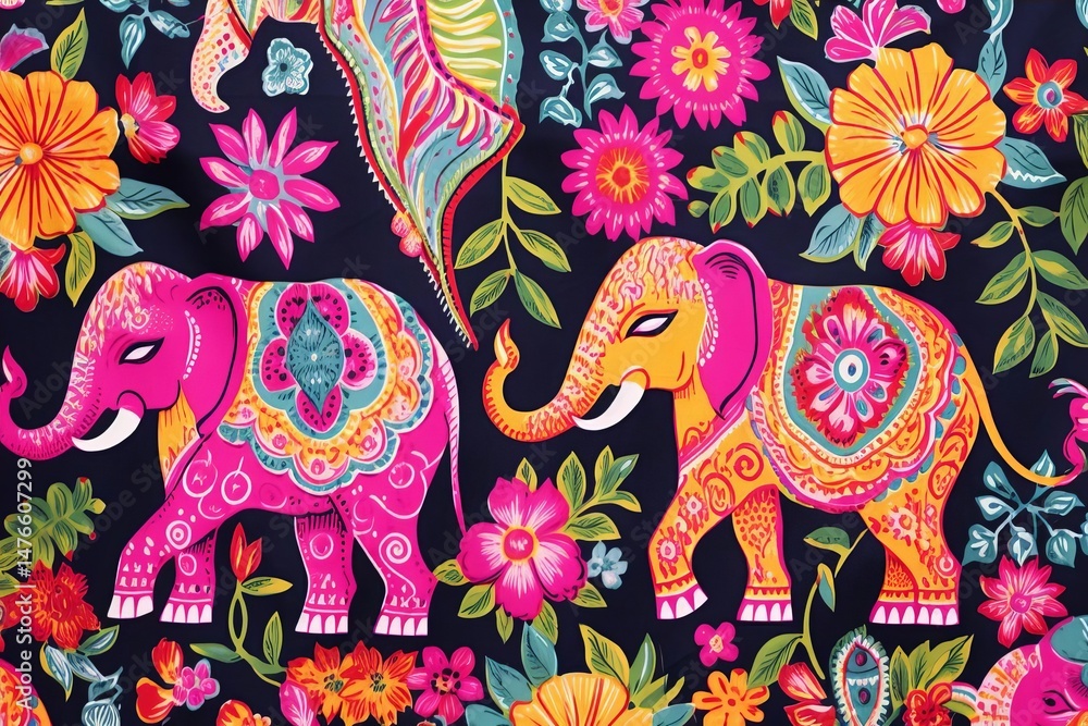 Obraz premium Vibrant pattern featuring stylized pink and yellow elephants surrounded by colorful flowers and foliage on a dark background.