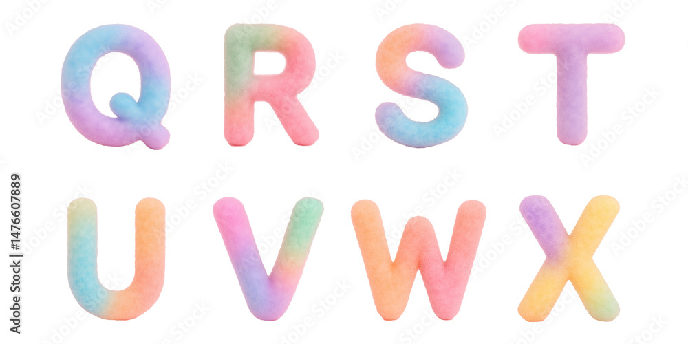 Cotton candy Soft pastel alphabet letters Q, R, S, T, U, V, W, and X in a fuzzy rainbow design : Fluffy letters with gradient colors and plush textures creating a dreamy aesthetic Cotton candy Soft pastel alphabet letters Q, R, S, T, U, V, W, and X in a fuzzy rainbow design : Fluffy letters with gradient colors and plush textures creating a dreamy aesthetic