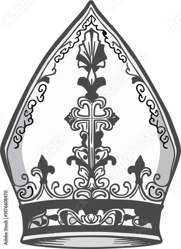Schilderij op canvas Detailed Black and White Vector Illustration of an Ornate Bishop Mitre with Cros