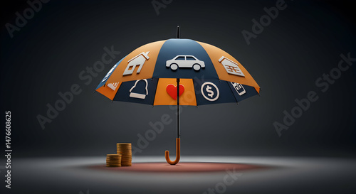 Colorful Umbrella with Iconic Symbols Representing Financial Security