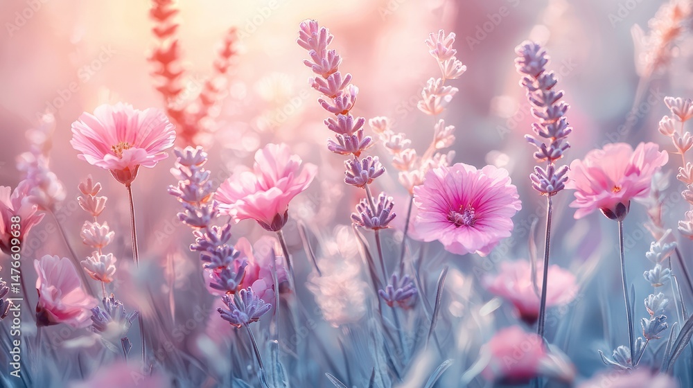 Naklejka premium Pink flowers and lavender in sunset light.