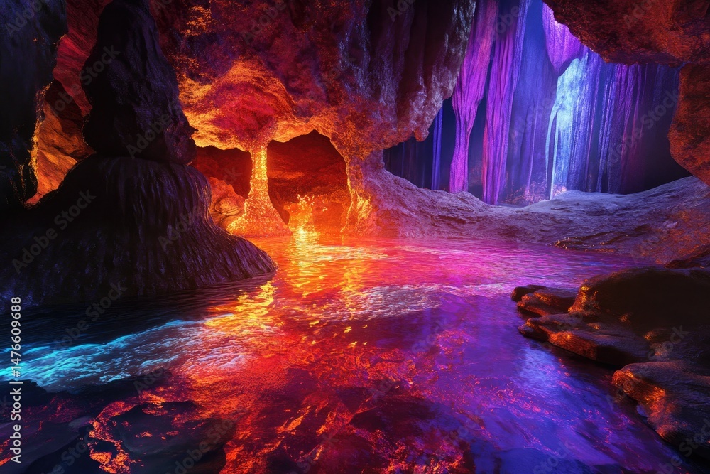 Fototapeta premium Vibrant, otherworldly cave bathed in glowing, colorful light. Water reflects the ethereal hues