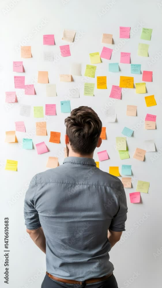 Rear view of a businessman looking at colorful sticky notes attached to a white wall, possibly brainstorming or reviewing ideas and tasks in an office environment Rear view of a businessman looking at colorful sticky notes attached to a white wall, possibly brainstorming or reviewing ideas and tasks in an office environment