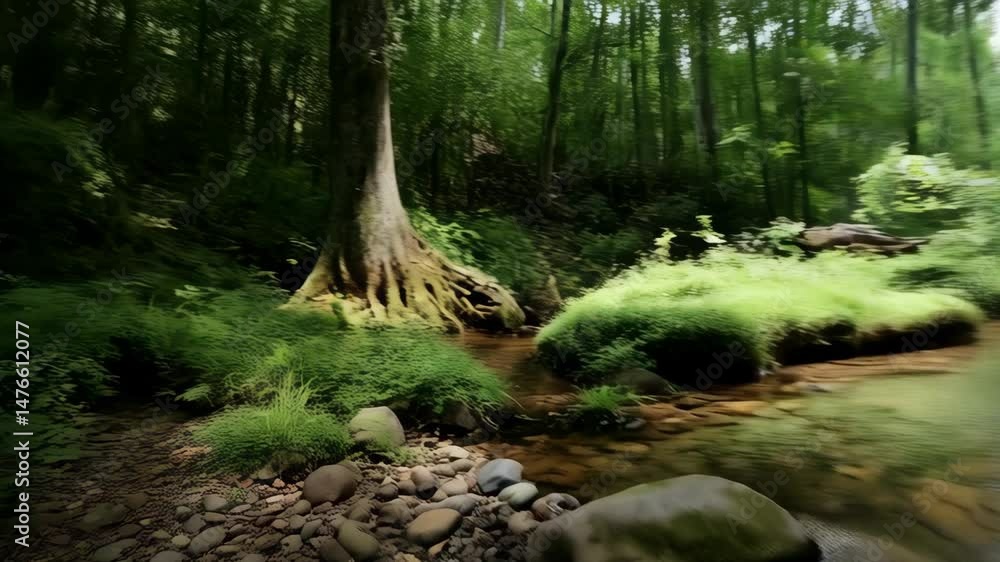 Peaceful scene of a clear creek winding through a dense forest with lush green vegetation and moss-covered rocks during daylight hours, establishing a tranquil atmosphere. Peaceful scene of a clear creek winding through a dense forest with lush green vegetation and moss-covered rocks during daylight hours, establishing a tranquil atmosphere.