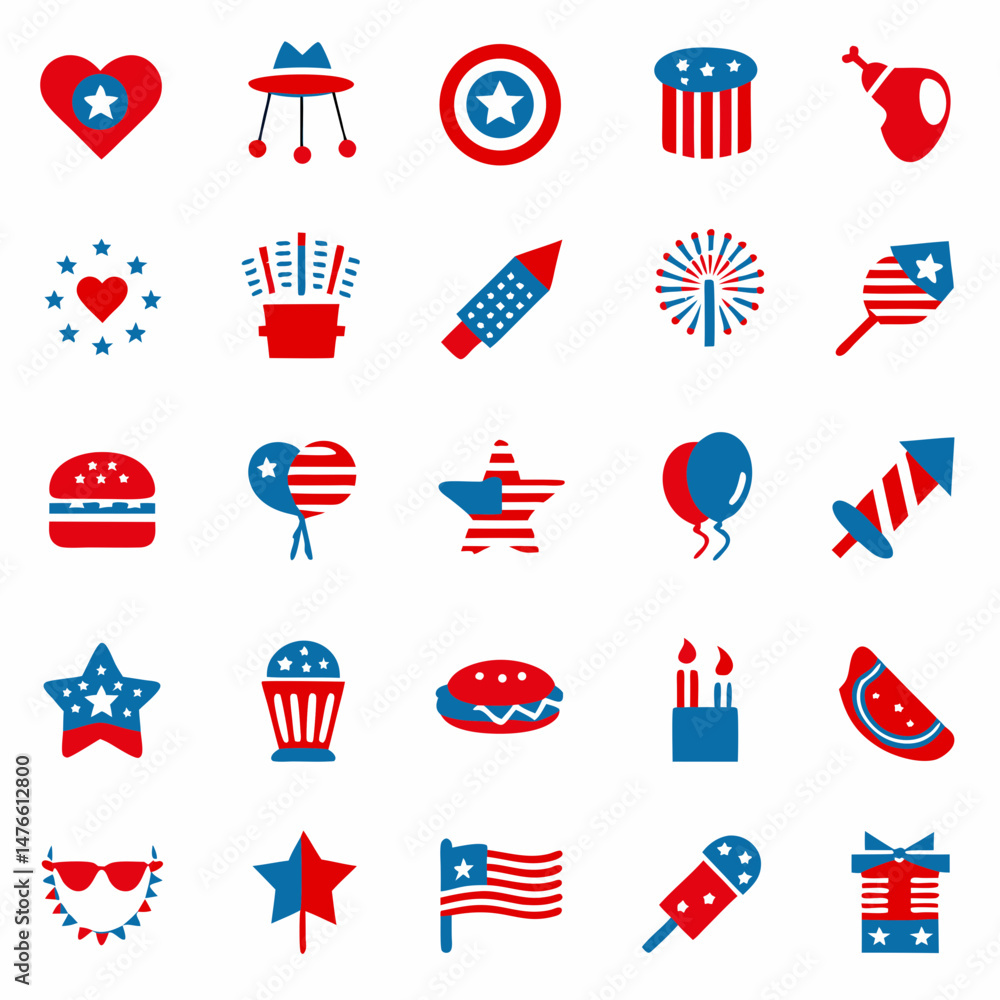 Fototapeta premium Independence day flat style icon set, Patriotic 4th of July Icon Set – American Independence Day Vector Collection