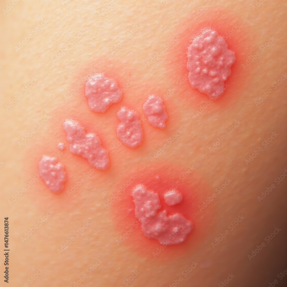 Fototapeta premium Skin rash featuring flat, raised red papules and macules closeup, indicating an allergic reaction, infection or dermatological issue on skin.