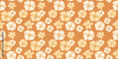  Abstract yellow floral seamless pattern on a vintage orange background. Vector Hand drawn stylized daisy flowers print. Contemporary ornament for designs, fabric, textiles