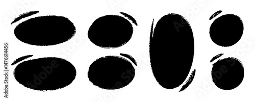 Grunge Hand Drawn Circle Highlights with dry brush or marker texture. Marker Scribble Elements Set. Sketchy rough oval and circular frames perfect for emphasizing text, UX design elements, note-taking