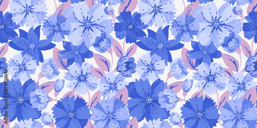 Abstract large flowers and leaves seamless pattern. Big blue blooming meadow. Vector hand drawn creative floral print. Unique ornament for designs, children textiles, notebook cover