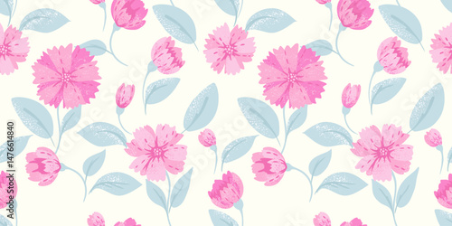 Pastel seamless pattern with abstract unique flowers and leaves. Vector hand drawn large cute floral print. Ornament for designs, children textiles, notebook cover