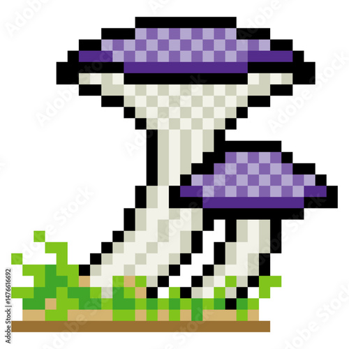 Mushrooms in pixel art style on white background
