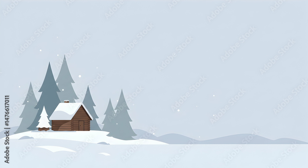 Fototapeta premium Cozy Cabin in a Snowy Landscape with Pine Trees and Soft Light