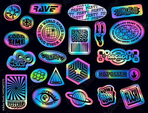 Iridescent holographic y2k groovy patch stickers, hologram retro funky labels with rainbow gradient and 90s rave vector signs. Silver foil holograms, circle and square iridescent holographic stickers