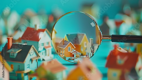 Exploring miniature houses through a magnifying glass on a vibrant background. Concept for selling a house and home insurance. Signing a house purchase and sale agreement, housing rental