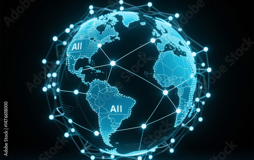A futuristic Earth surrounded by an intricate AI network, glowing with digital nodes and connections that span the globe. The network represents global artificial intelligence integration, with a high