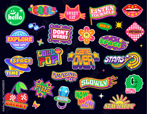 Y2k funky groovy stickers, trippy retro patch labels. Vector y2k space planet, cherry, stars and sun, flower, lips and cat stickers set. Retro groovy lollipop, wedding ring and butterfly labels