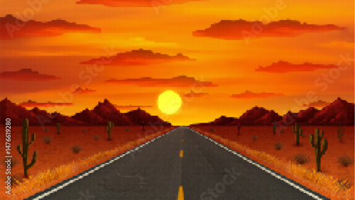 8 bit pixel art desert road game background. Vector long highway leading toward the horizon beneath vibrant orange sunset skies. Cacti and rocky mountains enhance the nostalgic retro game scenery vibe
