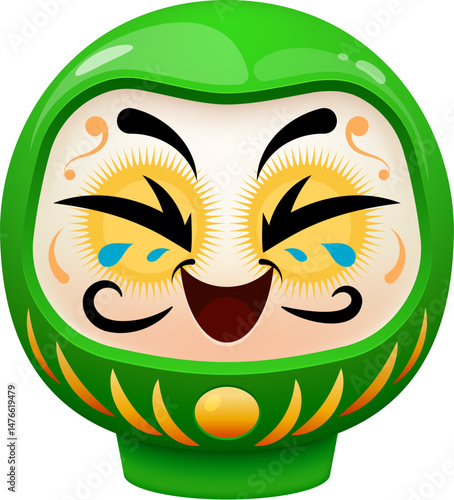 Daruma Japanese green doll with cheerful expression, bold eyebrows, golden yellow decorative patterns and an expressive face, symbolizing perseverance and good luck in culture of Japan