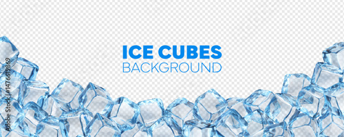 Realistic ice cubes frame background, crystal ice blocks. Isolated 3d vector template of horizontal border with blue transparent frozen water, glass or icy solid pieces row, for chilly drink ads promo