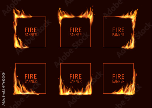 Realistic burning square frames with fire flames. 3d Vector burn flare borders with blaze tongues, flying particles and embers on frame edges. Burned hoops or holes in fire, isolated borders set