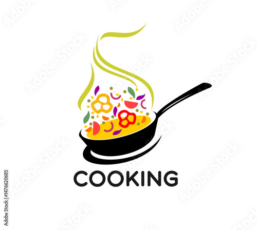 Cook pan icon, fry wok. Vector emblem featuring a black frying pan filled with colorful vegetables and spices, emitting a steam, represents culinary creativity and professional or home food cooking