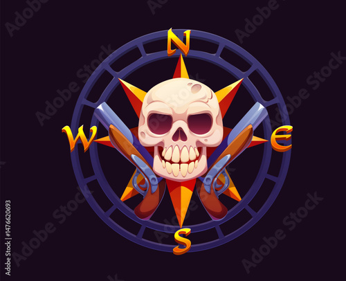 Heraldic compass with pirate skull and guns. Cartoon vector mysterious emblem featuring a menacing skull at its center, flanked by two flintlock pistols inside of compass rose with cardinal directions