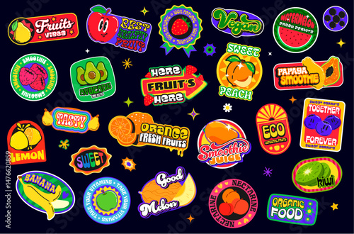 Tropical fruit juice y2k groovy patch stickers smoothie and fresh drink retro funky labels with vector berry food and splashes. Ripe fruit and berry juice trendy y2k geometric shape stickers set