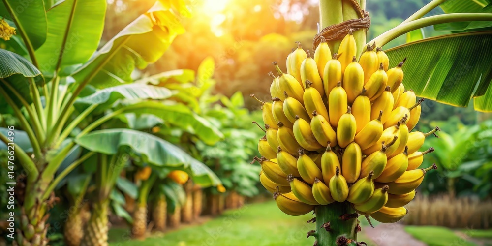 Fototapeta premium A banana tree with multiple bunches of yellow bananas growing in a lush green garden surrounded by flowers and trees , nature