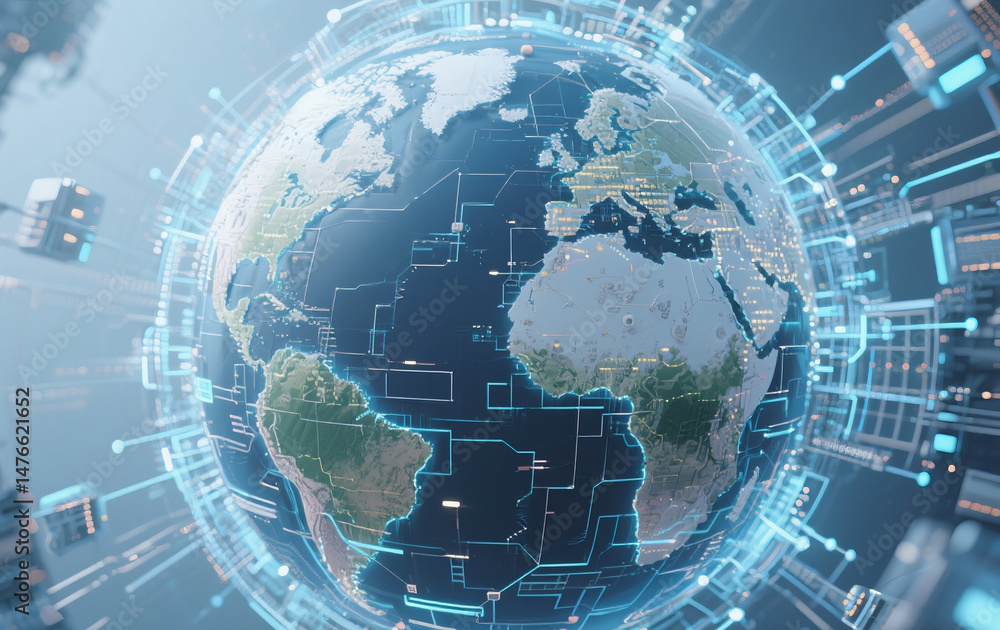 Naklejka premium A futuristic Earth surrounded by an intricate AI network, glowing with digital nodes and connections that span the globe. The network represents global artificial intelligence integration, with a high