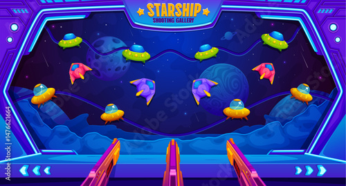 Space battle carnival shoot game, galaxy amusement park shooting range, vector. Funfair carnival shooting gallery with space UFO or alien galaxy rockets and starship for kids shoot game