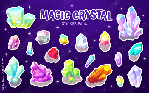 Magic quartz crystals and gem stones stickers pack. Cartoon vector set of diy patches of fantasy minerals, colorful glowing stone clusters with sharp shapes and glowing aura on dark starry background